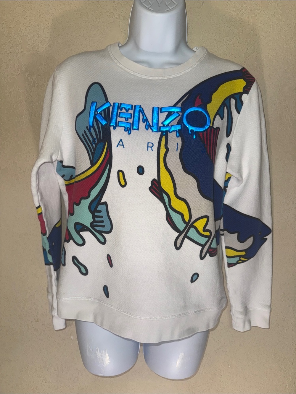 Kenzo White Crewneck Sweatshirt with Multicolor Koi Graphic